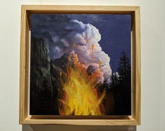 Low Light Study, Acrylic Landscape Fire Painting on Wood Panel