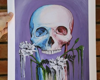 Fine Art Print of Scull Painting with White Carnations, Red White and Blue