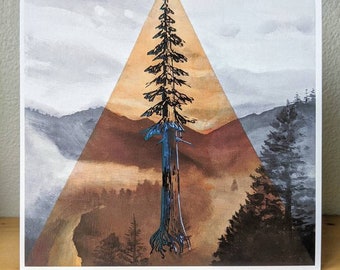 Fine Art Print of Redwood Tree, Acrylic Painting on Wood Panel Greyscale Orange Triangle