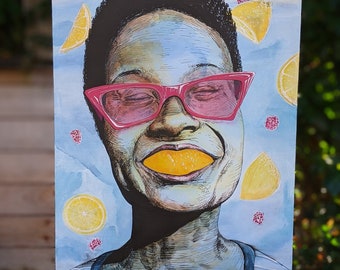 Original Acrylic Ink and Pen Portrait Drawing, Funky Glasses Girl, Lemons, Raspberries