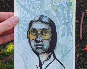 Original Watercolor and Ink Pen Portrait Drawing, Funky Glasses Girl with Flowers