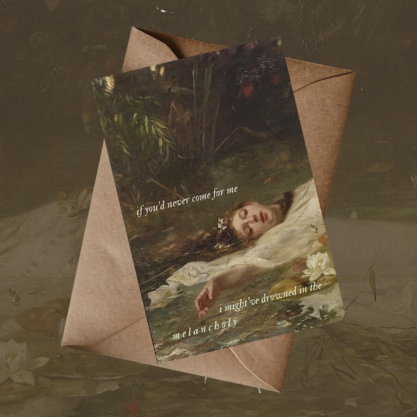Postal con letras y arte de El destino de Ofelia / Pintura de paisaje / Póster con letras y música