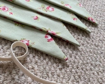 Pale Sage Green Bunting, Olive and Pink Floral Fabric Bunting, Handmade, Vintage Garland, Celebration, Party Bunting