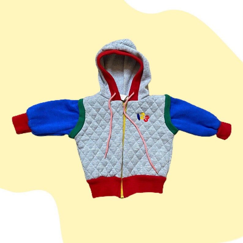Vintage Colorblock Gray Quilted Fleece Hooded Full Zip Sweatshirt Boys S