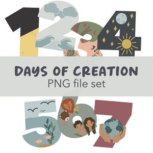 Puede incluir: Un conjunto de archivos PNG digitales titulado "DÍAS DE LA CREACIÓN". La imagen presenta números estilizados del 1 al 7, cada uno con ilustraciones únicas que representan los días de la creación. Los números son de varios colores, con imágenes del sol, la luna, animales y la tierra.