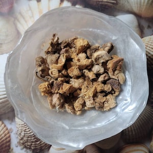 Puede incluir: Un peque&ntilde;o taz&oacute;n blanco lleno de trozos de ra&iacute;z de jengibre secos, de color marr&oacute;n claro y de forma irregular.