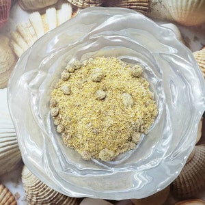 May include: A clear, decorative glass bowl filled with a yellow-beige granular substance. The bowl has a unique, wavy design. The background features a seashell pattern in shades of white, brown, and beige.