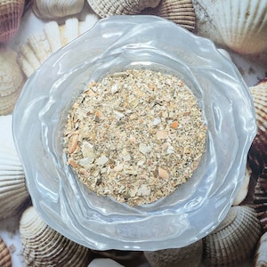 May include: A clear glass bowl filled with a mixture of crushed seashells and sand, set against a background of seashells.