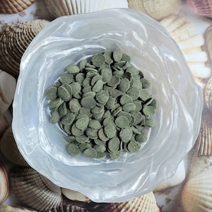 May include: A clear, ruffled glass bowl filled with small, round, olive-green objects. The bowl sits on a background of seashells. The objects appear to be small, circular candies or sprinkles.