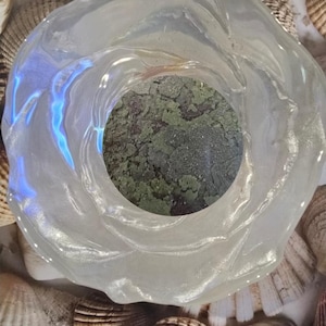 May include: A translucent, clear, circular object with a wavy, layered edge resembling a flower petal structure. The center of the object features a circular inlay with a textured, mottled surface in shades of dark green, gray, and brown.