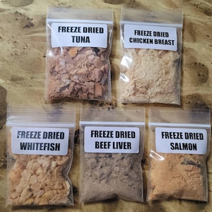 May include: Five clear plastic bags filled with freeze-dried pet food, each labeled with the type of meat: tuna, chicken breast, whitefish, beef liver, and salmon. The bags are arranged on a sandy surface.