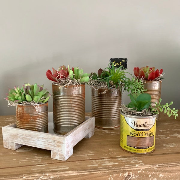 Salvage Faux Succulents, Recycled Decor, Cactus, Farmhouse, Recycled Home Decor, Succulents, Plant Gifts, Recycled Gifts, Rusty Cans, Floral