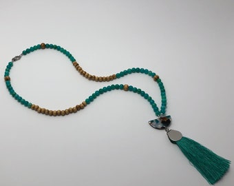 Beaded Necklace, Women, Fashion Jewelry, Aqua Quartzite Stone, Natural Wood Beads, Tassels, Fancy, Fashion, Great Gift, Mother's Day