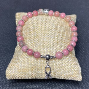 Cancer Awareness, Beaded Bracelet, Women&#39;s Beaded Bracelet, Fashion Jewelry, Rhodonite Beads, Pink, Fashion Bracelet, Great Gift