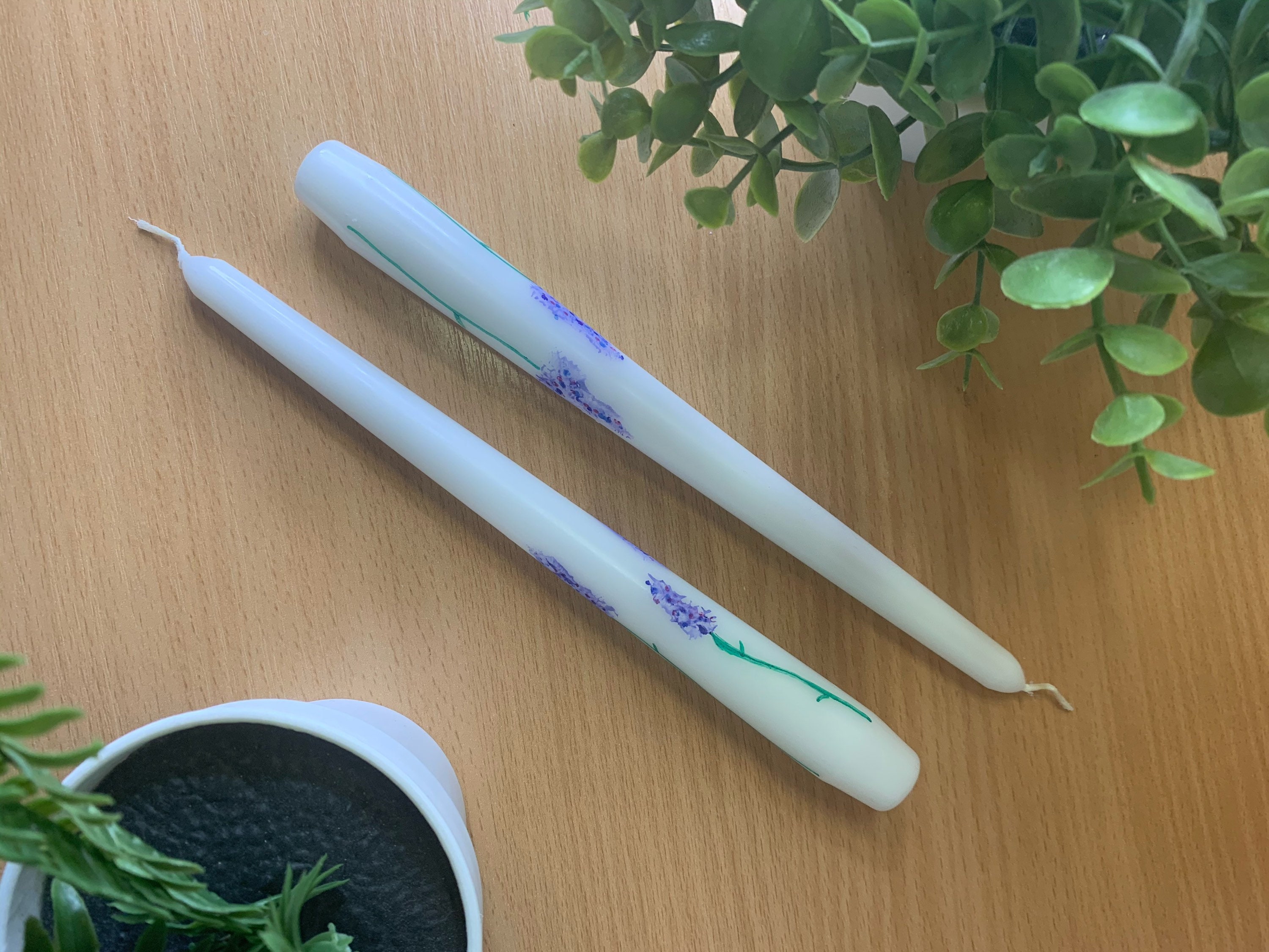 Hand painted floral taper candles set of two lavender Etsy