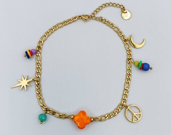 Bracelet le cheville acier inoxydable et perles pendentif lune peace and love étoile CAVALAIRE