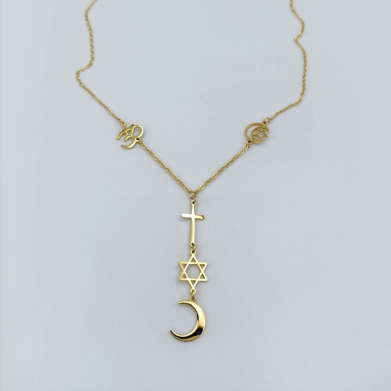 Collier chaîne pendentifs symboles religieux TOULON Doré