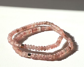 Strawberry Quartz Beaded Bracelet • 4mm Faceted Rondelle, Titanium Pyrite Accent
