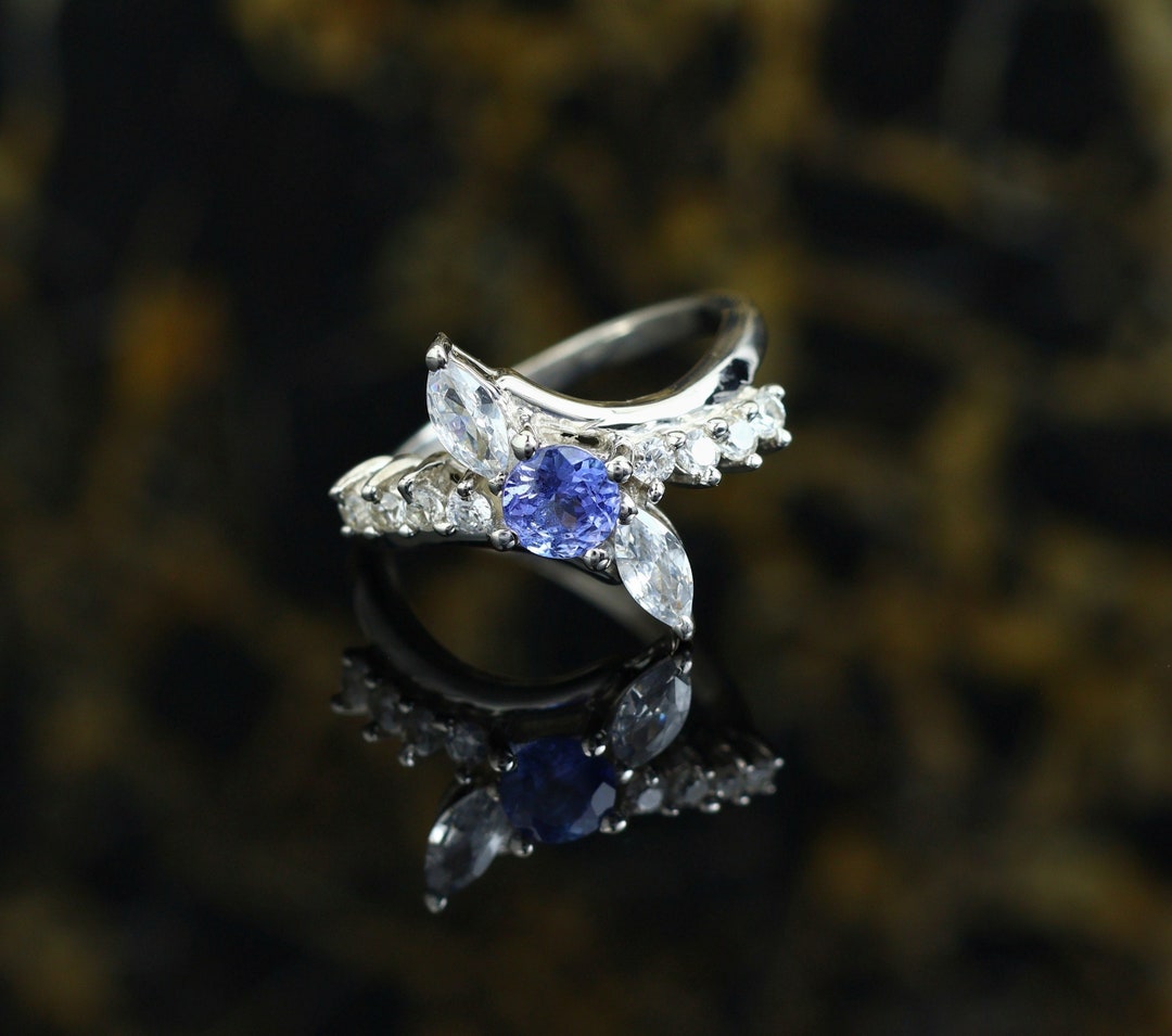 Bague Amitié Argent Sterling 925 - Tanzanite & Topaze Blanche Ovale - Taille 8 - Neuf Sans Emballage