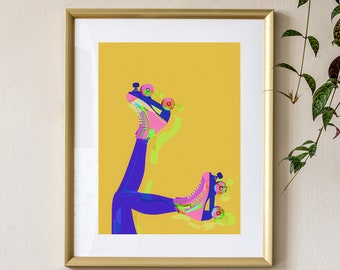 Yellow Roller Skates Original Giclee Art Print, Roller Derby Wall Art, Gifts for Her