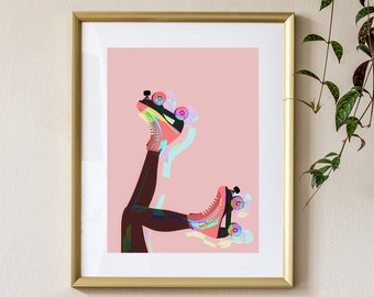 Pink and Brown Roller Skates Original Giclee Art Print, Roller Skating Wall Art, Home Decor Gifts for Her