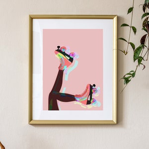Pink and Brown Roller Skates Original Giclee Art Print, Roller Skating Wall Art, Home Decor Gifts for Her image 1