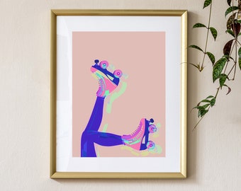 Pink and Purple Roller Skates Original Giclee Art Print, Roller Skating Wall Art, Gifts for Her