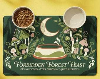 Forbidden Forest Pet Feeding Mat, Magical Wizard Decor, Cottagecore Mushroom Dog Bowl Placemat for Potterheads