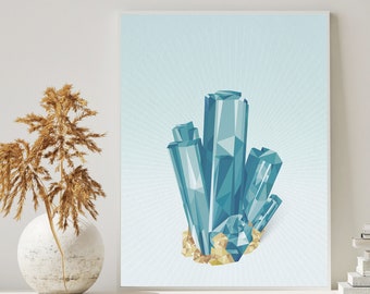 Blue Aquamarine Crystal Original Giclee Art Print, Boho Wall Art, Gifts for Pisces, Home Decor