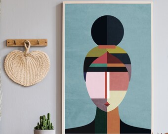 Abstract Portrait of a Woman Giclee Art Print - Bauhaus Geometric Wall Decor, Mid Century Minimalist Wall Art