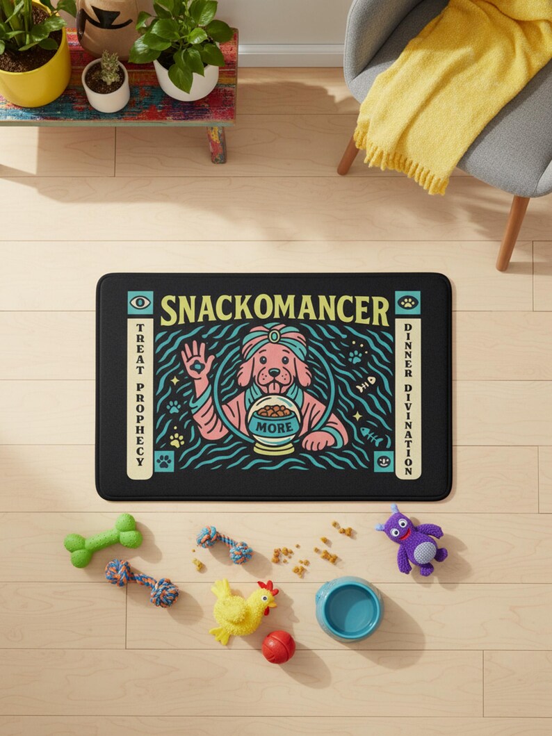 A rectangular pet feeding mat featuring a retro mystical graphic titled SNACKOMANCER in beige arched text. The center illustration depicts a pink dog wearing a teal turban, waving one paw and gazing into a crystal ball that is actually a bowl of food labeled MORE. The background is black with teal wavy lines and floating fish bones. Side panels in beige and teal feature paw prints and text reading TREAT PROPHECY and DINNER DIVINATION. The mat is made of neoprene with a non-slip backing.