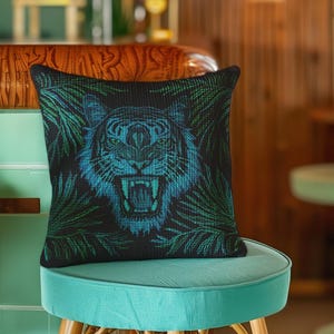Tiger Jungle Pillow, Noir Tiki Woven Throw Pillow, Rockabilly Bedroom Decor, Maximalist Home Decor, Tiger Tapestry Pillow Statement Piece