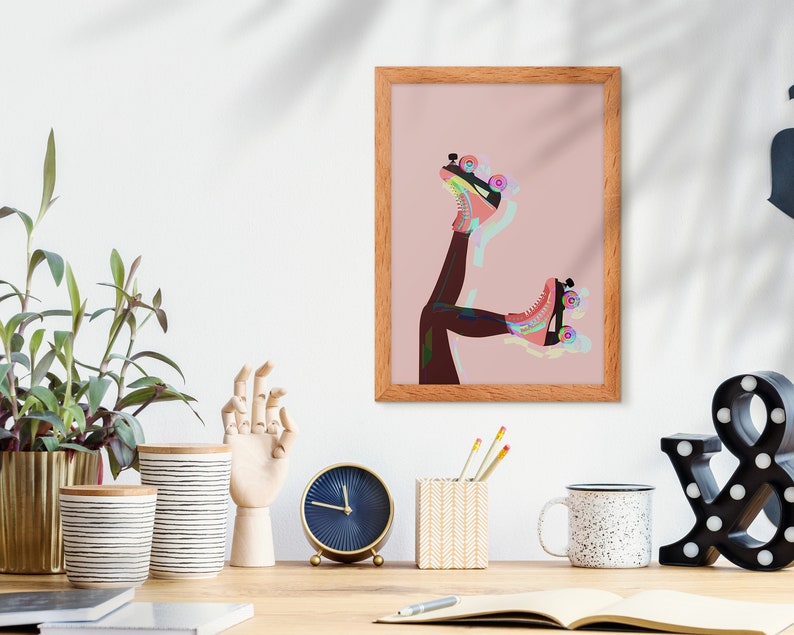 Pink and Brown Roller Skates Original Giclee Art Print, Roller Skating Wall Art, Home Decor Gifts for Her image 3