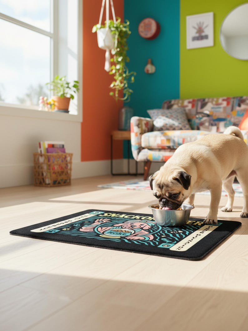 A rectangular pet feeding mat featuring a retro mystical graphic titled SNACKOMANCER in beige arched text. The center illustration depicts a pink dog wearing a teal turban, waving one paw and gazing into a crystal ball that is actually a bowl of food labeled MORE. The background is black with teal wavy lines and floating fish bones. Side panels in beige and teal feature paw prints and text reading TREAT PROPHECY and DINNER DIVINATION. The mat is made of neoprene with a non-slip backing.