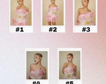 May include: Five Polaroid photos of a person wearing a pink flower-shaped dress. The photos are numbered 1 through 5.