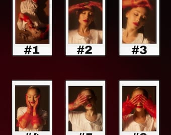 May include: Six Polaroid photos of a person with red paint on their hands and face. The person is wearing a white shirt and has their hair pulled back. The photos are numbered 1 through 6.