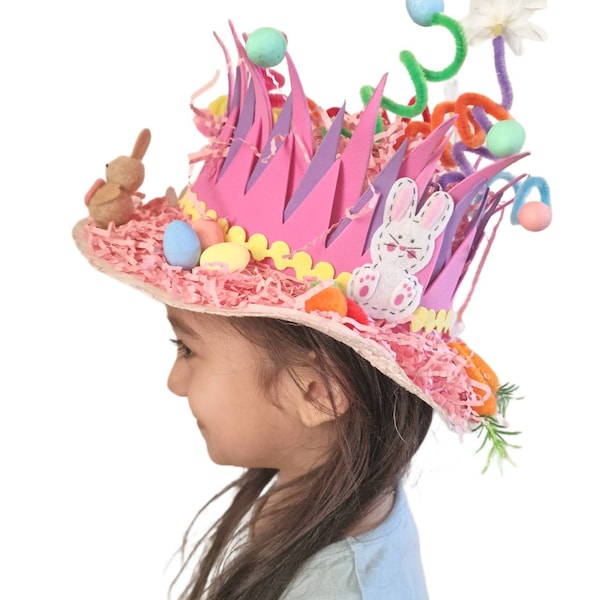 Children, toddler, infant school party Easter bonnet hat, Unisex multicolour personalised unique design egg hunt bunny chicks feathers
