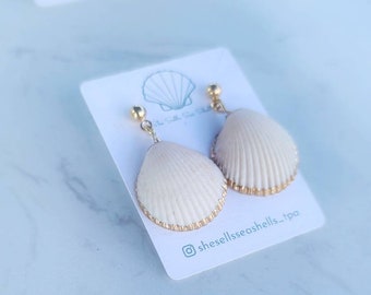 Gold Seashell Earring:, gold edged, mothers day gift, cute gold dangle earrings, natural shell, bridal jewelry, costal girl