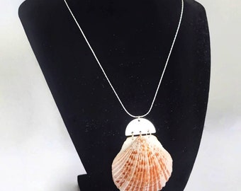 Real Seashell Statement Necklace | burnt orange authentic shell coastal bold large peice jewelry silver chain