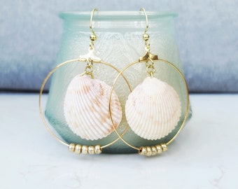 gold seashell earrings, gold hoops, seashell jewelry, pink seashells, beaded hoops, statement earrings, best friend gift, gift for her