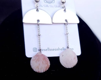 Dainty Half MoonSeashell Dangle Earrings | blush pink shell earrings, half moon, geometric, silver