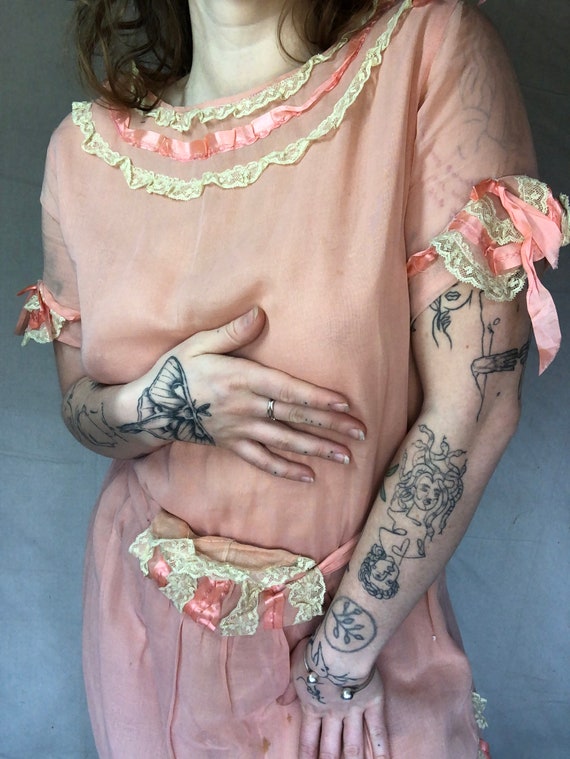 Sz M Early 1920’s Cotton And Lace Day Dress AS IS