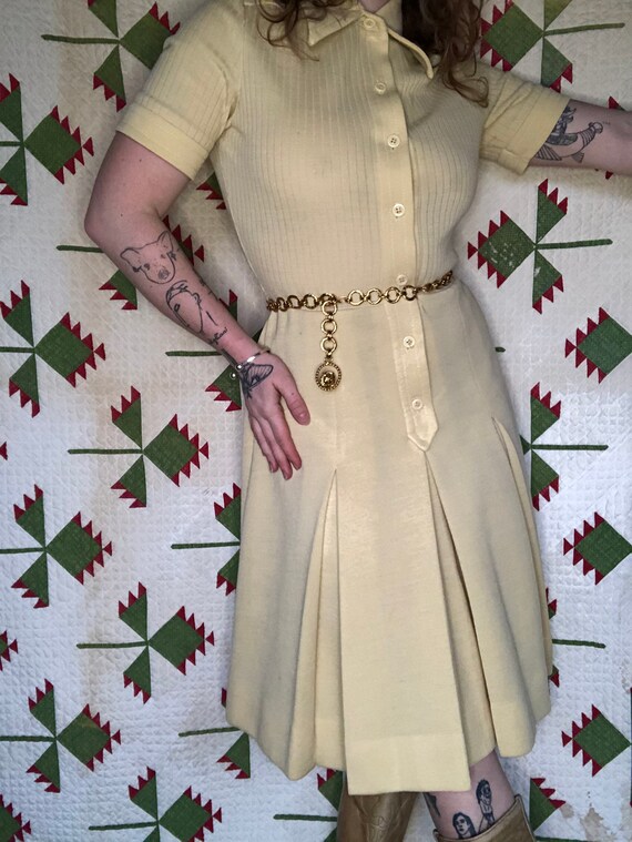 Sz M 1970’s Butte Knit Shirt Dress With Pleated Sk