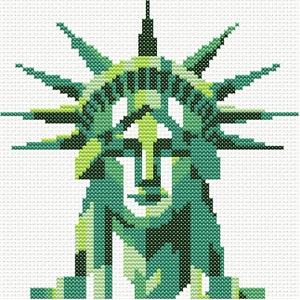 Peut inclure: Un motif de point de croix représentant la Statue de la Liberté, avec un schéma de couleurs vert et jaune. Le motif est conçu pour être brodé sur un fond blanc.