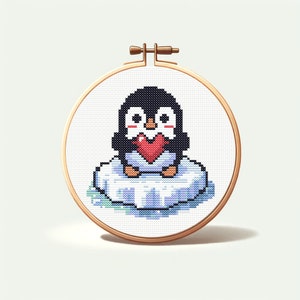 Happy Penguin with Heart Cross-Stitch Pattern: Beginner Pixel Art (Digital Download)