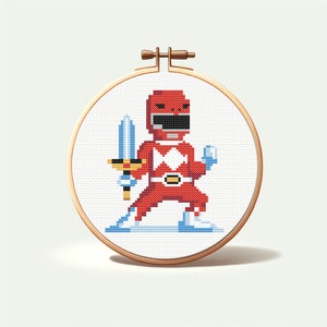 Korsstygnsmönster för röd Power Ranger, Morphin Time 90-tals pixelkonst, liten nybörjar-PDF