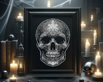 Smiling Skull Cross-Stitch Pattern: White Line Art (Digital Download)