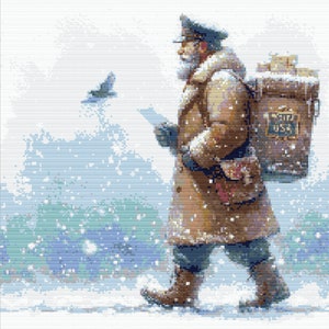 Op de afbeelding: Vintage illustratie van een postbode in een bruine jas en hoed, lopend door een besneeuwd landschap. Hij draagt een grote postzak met "U.S. MAIL" en houdt een brief vast. Een vogel vliegt op de achtergrond.