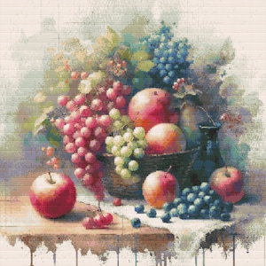 May include: A still life painting featuring a basket overflowing with red and green grapes, apples, and peaches. A dark vase sits behind the basket. The painting has a soft, watercolor style with a light background.