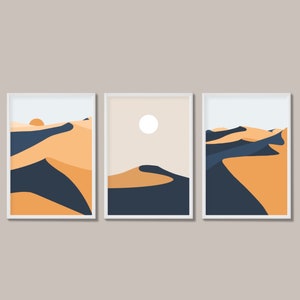 Minimalist Sand Dune Print Set of 3 | Blue and Warm Earth Tones | A5 A4 A3 A2 | Unframed